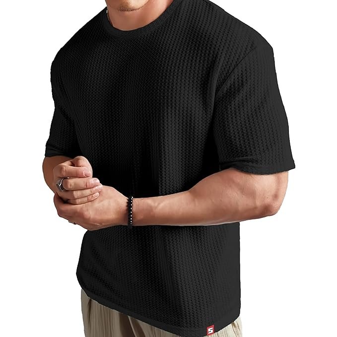 SHODOX Mens Solid Dotted Unique Design Oversized Tshirt for Men - Round Neck Loose Fit Drop Shoulder Mens T-Shirt